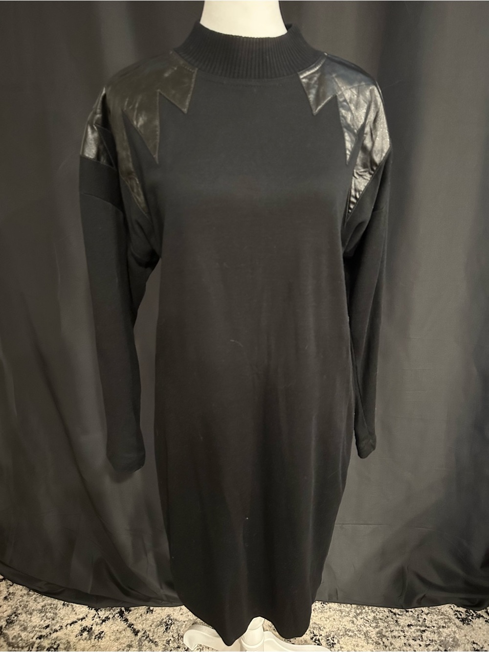 All That Jazz Black Long Sleeve Knit Dress with Faux Leather Shoulder Detail